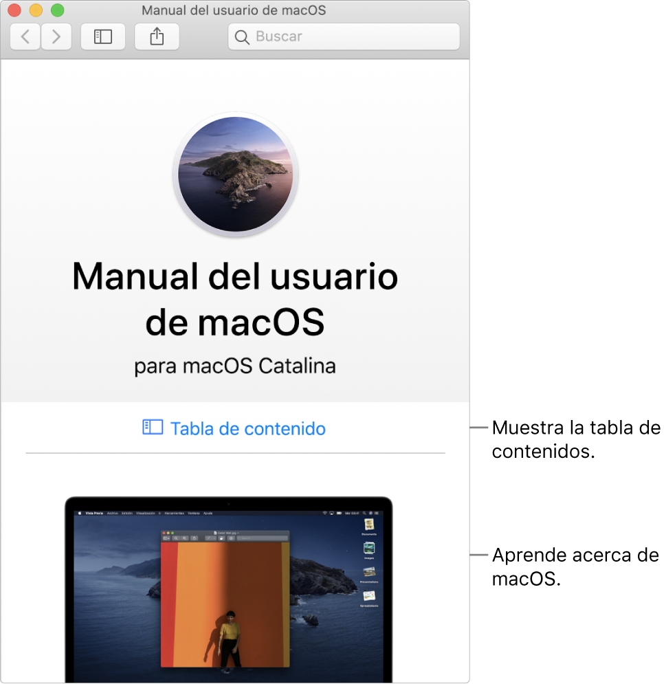 La página de bienvenida del Manual de usuario de macOS con el enlace a la tabla de contenido.