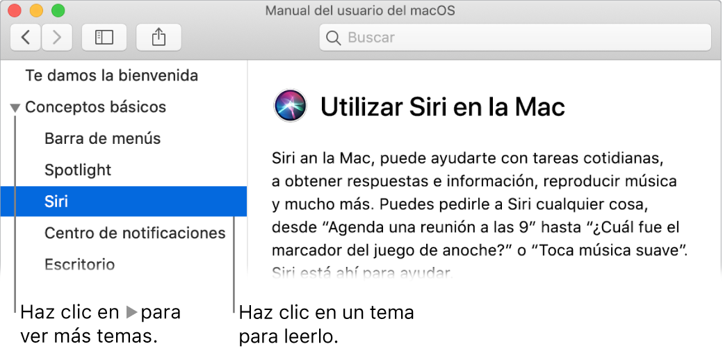 Visor de Ayuda mostrando cómo ver temas en la barra lateral y cómo mostrar el contenido de un tema.