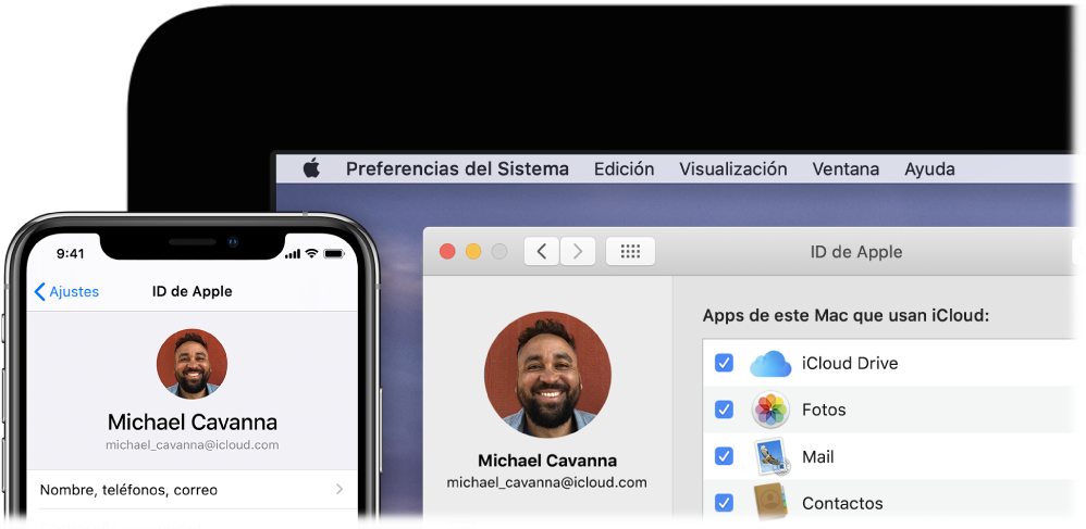 iPhone con los ajustes de iCloud y la pantalla de un Mac con la ventana de iCloud.