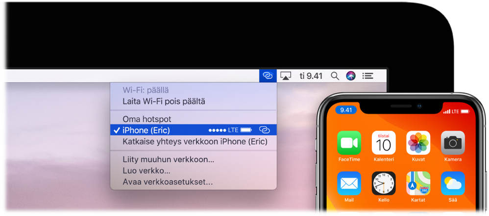 Macin näyttö, jonka Wi-Fi-valikossa näkyy Oma hotspot iPhonessa.