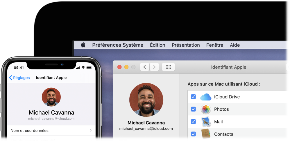 Un iPhone affichant les réglages iCloud, et l’écran d’un Mac affichant la fenêtre iCloud.