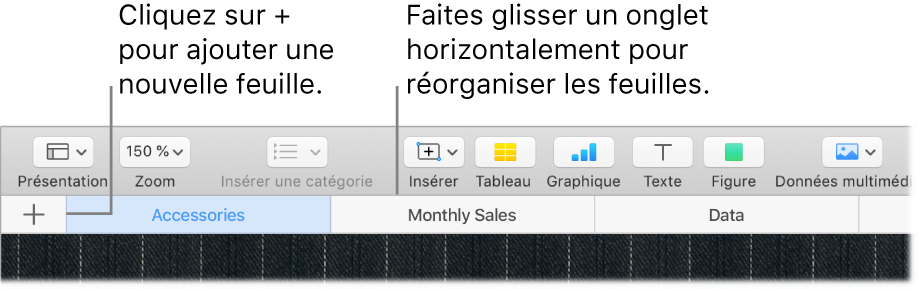 Fenêtre de Numbers indiquant comment ajouter une nouvelle feuille et réorganiser des feuilles.