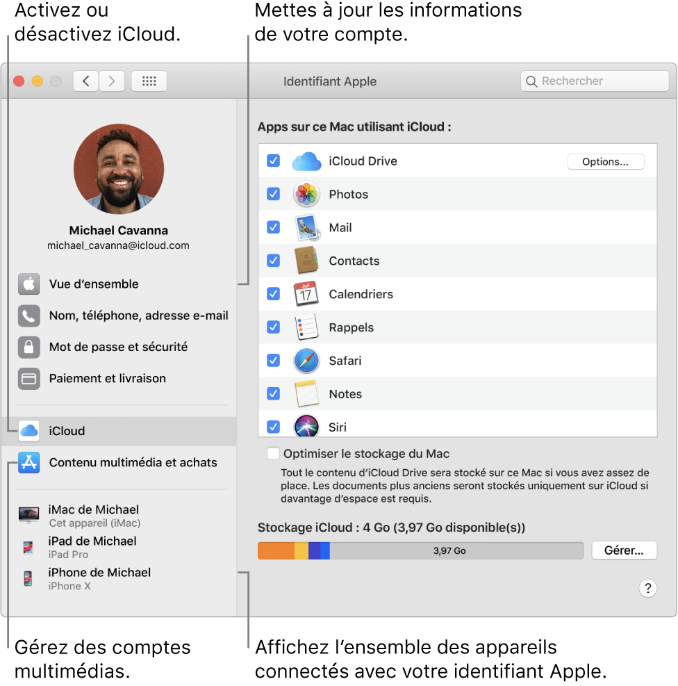 La sous-fenêtre « Identifiant Apple » de « Préférences Système ». Cliquez sur un élément de la barre latérale pour mettre à jour les données de votre compte, activer ou désactiver iCloud, gérer les comptes multimédias et voir tous les appareils connectés avec votre identifiant Apple.