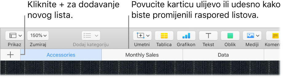 Prozor aplikacije Numbers prikazuje način za dodavanje novog lista i za razvrstavanje listova.