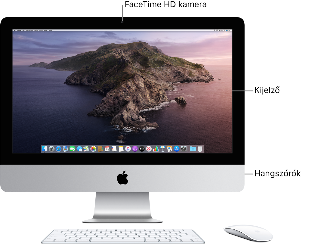 Az iMac elölnézete a kijelzővel, a kamerával és a hangszóróval.