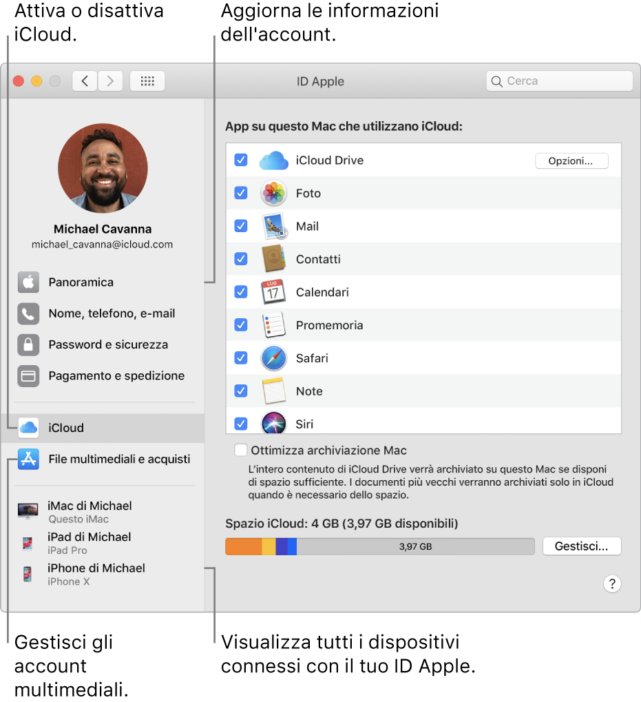 Il pannello Apple ID di Preferenze di Sistema. Fai clic su un elemento nella barra laterale per aggiornare le informazioni dell'account, attivare o disattivare iCloud, gestire gli account multimediali e visualizzare tutti i dispositivi in cui hai effettuato l'accesso con il tuo ID Apple.
