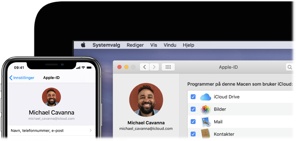 En iPhone som viser iCloud-innstillinger, og en Mac-skjerm som viser iCloud-vinduet.