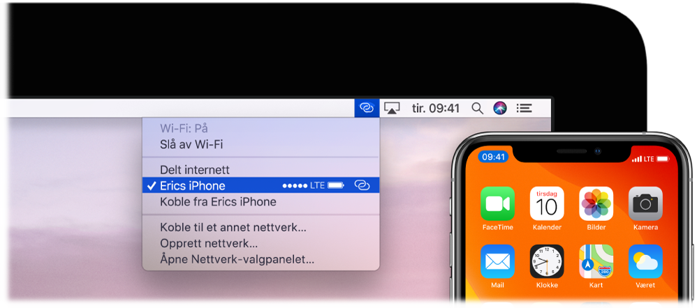 En Mac-skjerm som viser menyen for trådløst nettverk som vises som et Delt Internett-tilgangspunkt koblet til en iPhone.