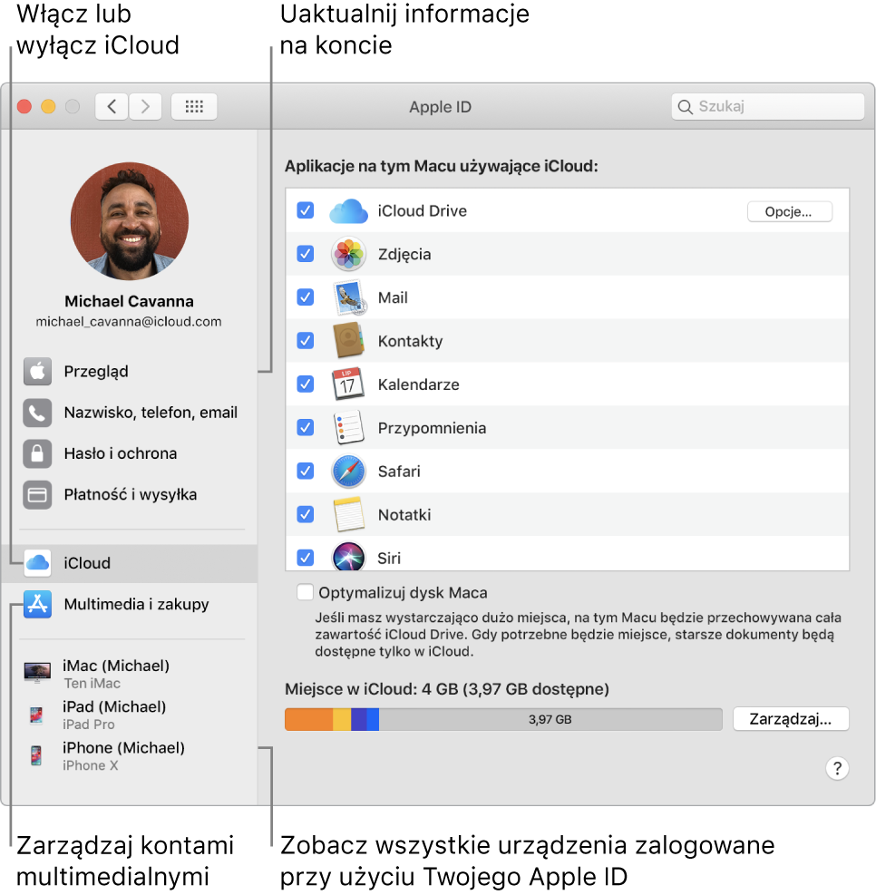 Panel Apple ID w Preferencjach systemowych. Kliknij w pozycję na pasku bocznym, aby uaktualnić dane swojego konta, włączyć lub wyłączyć iCloud, zarządzać kontami do multimediów oraz wyświetlać wszystkie urządzenia zalogowane przy użyciu tego samego Apple ID.