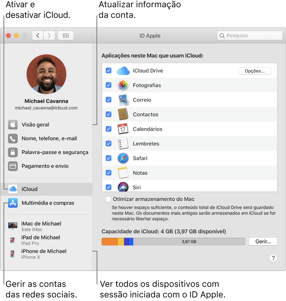 O painel ID Apple nas Preferências do Sistema. Clique num elemento na barra lateral para atualizar as informações da conta, ativar ou desativar iCloud, gerir contas multimédia e ver todos os dispositivos com sessão iniciada com o seu ID Apple.