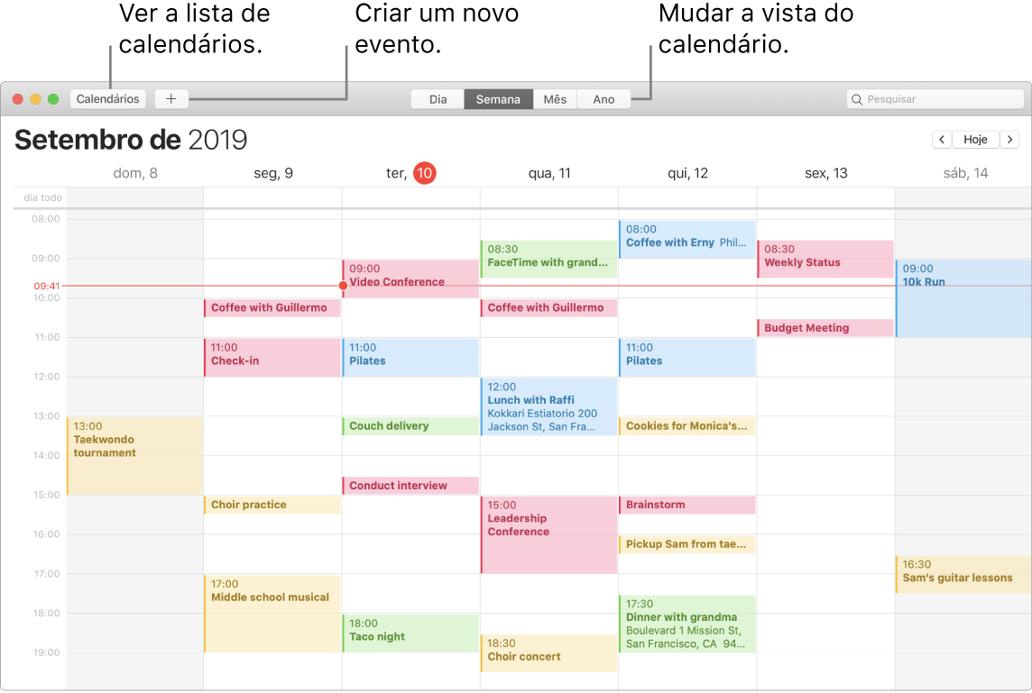 Uma janela do Calendário a mostrar como criar um evento, ver a lista de calendários, e escolher a vista diária, semanal, mensal ou anual.