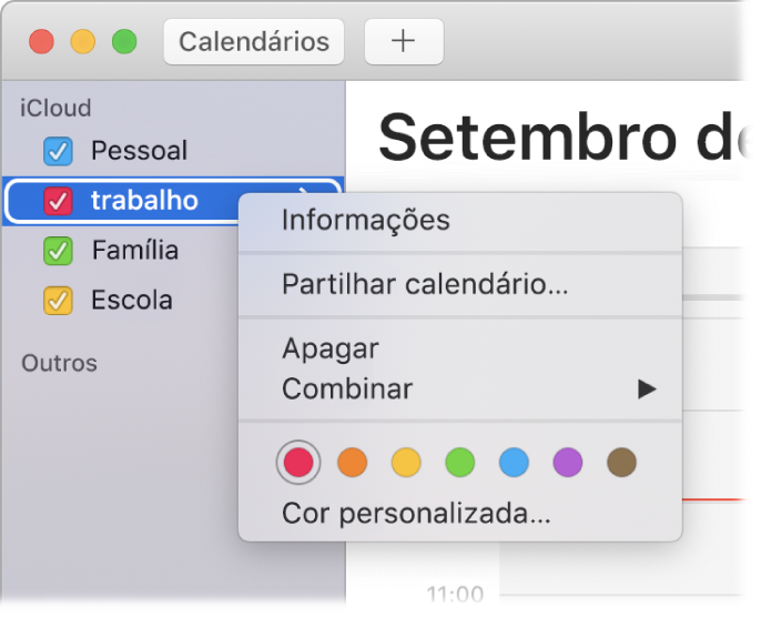 Menu de atalhos do Calendário com opções para personalizar a cor de um calendário.