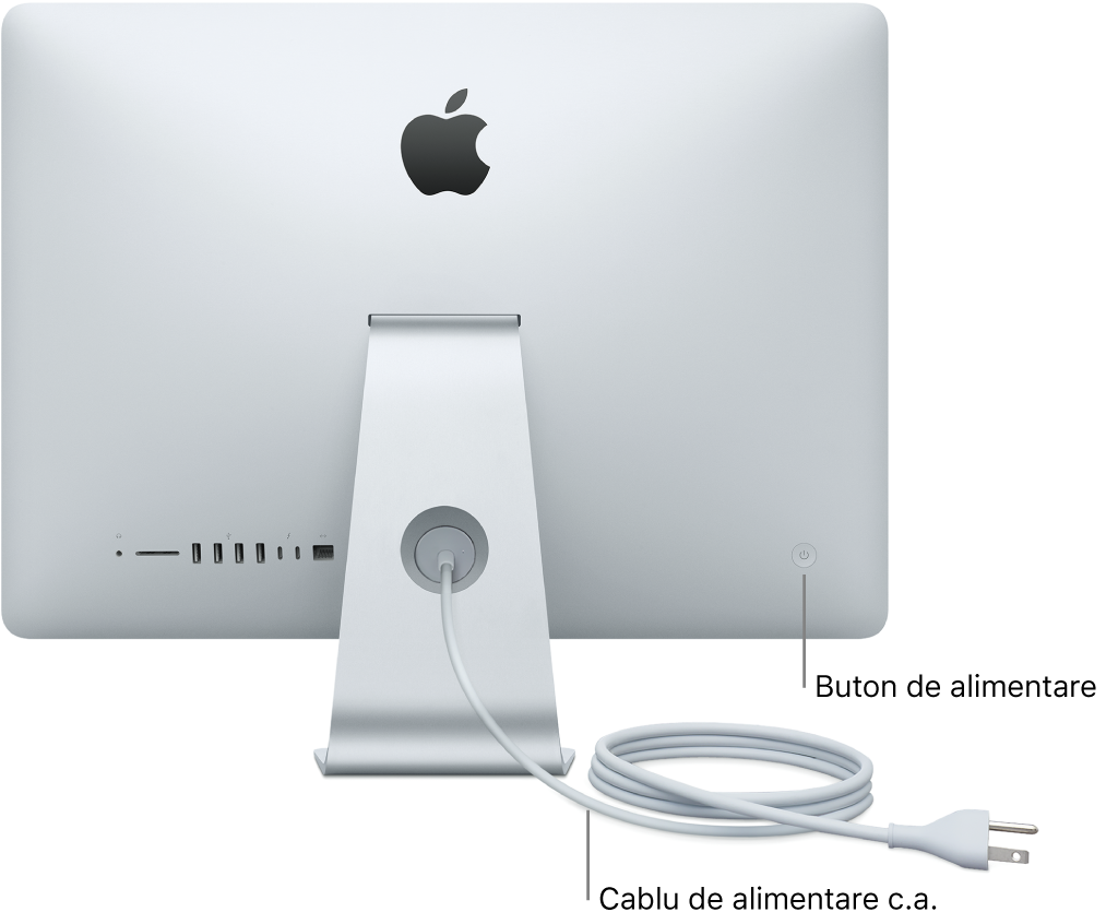 Vedere din spate a iMac afișând un cablu de alimentare c.a. și butonul de alimentare.