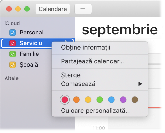 Meniu de scurtături Calendar cu opțiuni pentru personalizarea culorii unui calendar.