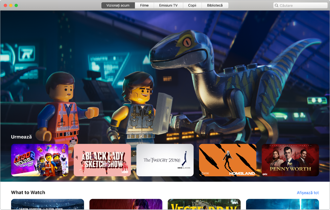 O fereastră a aplicației Apple TV afișând vizualizarea Vizionați acum.