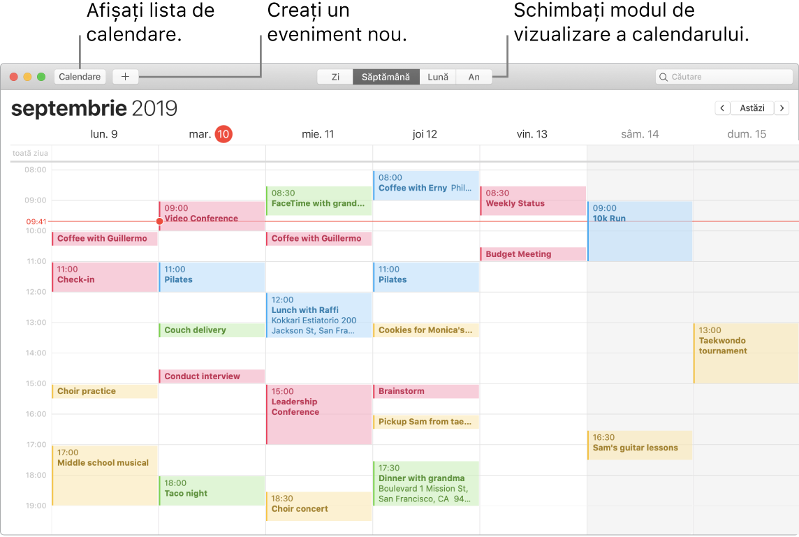 O fereastră Calendar care afișează cum să creați un eveniment, să afișați lista calendarelor și să alegeți vizualizarea Zi, Săptămână, Lună sau An.