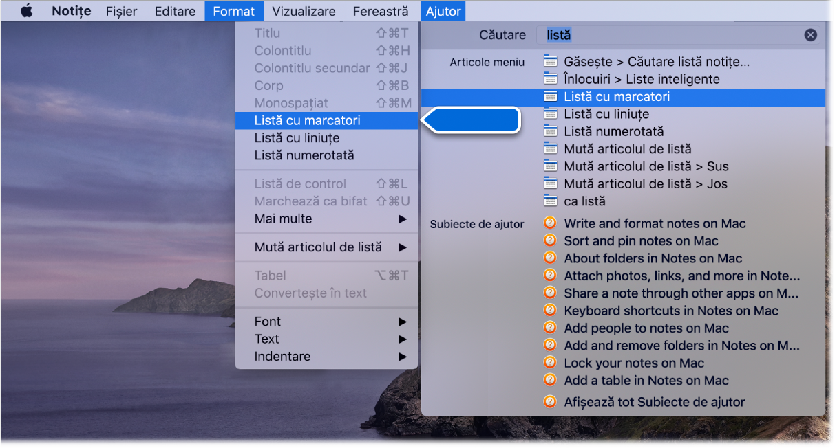 Meniul Ajutor afișând o căutare pentru “listă”, având comanda Listă cu marcatori evidențiată în lista de rezultate și în meniul Format.