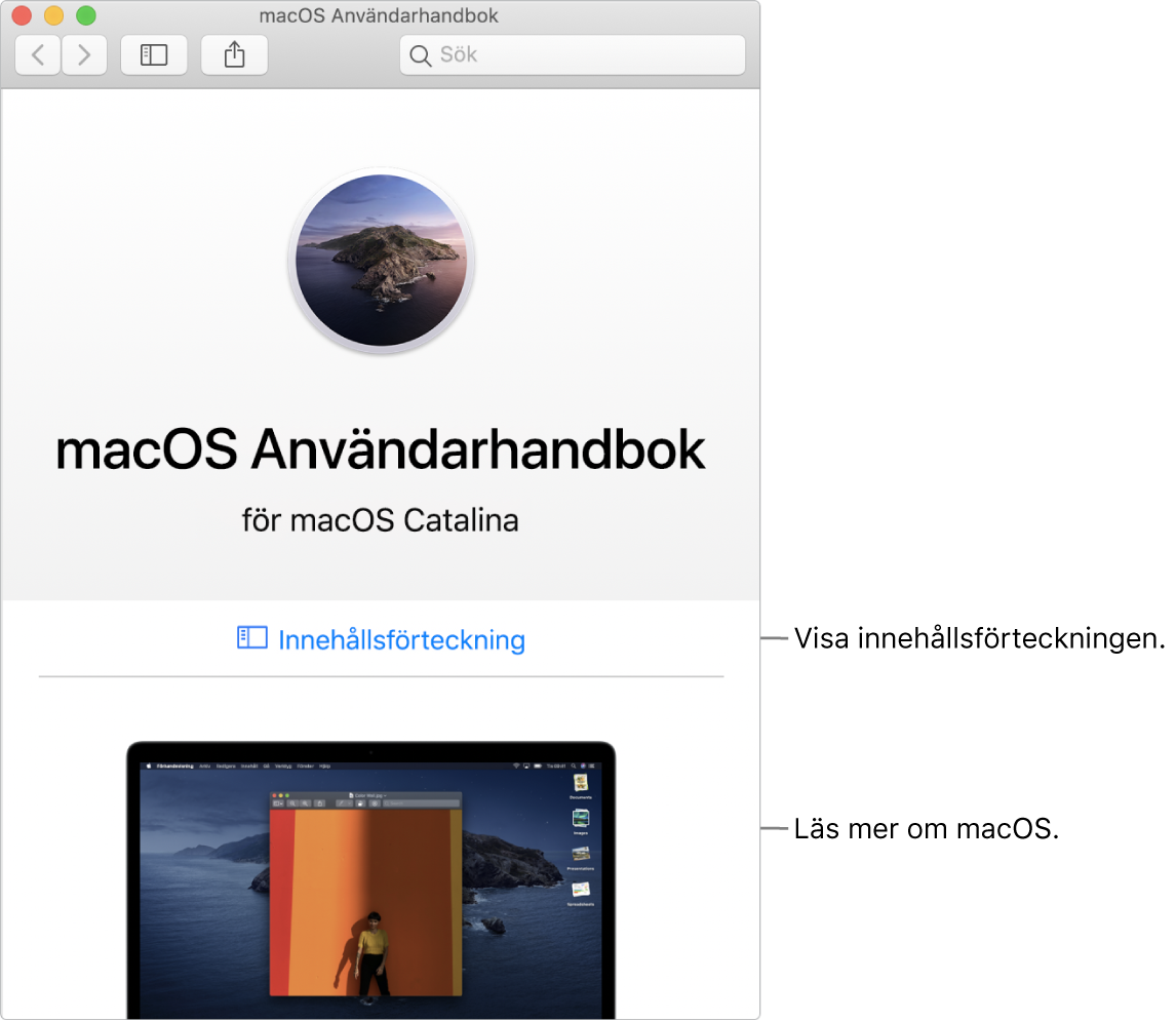 Startsidan i macOS Användarhandbok som innehåller länken till innehållsförteckningen.