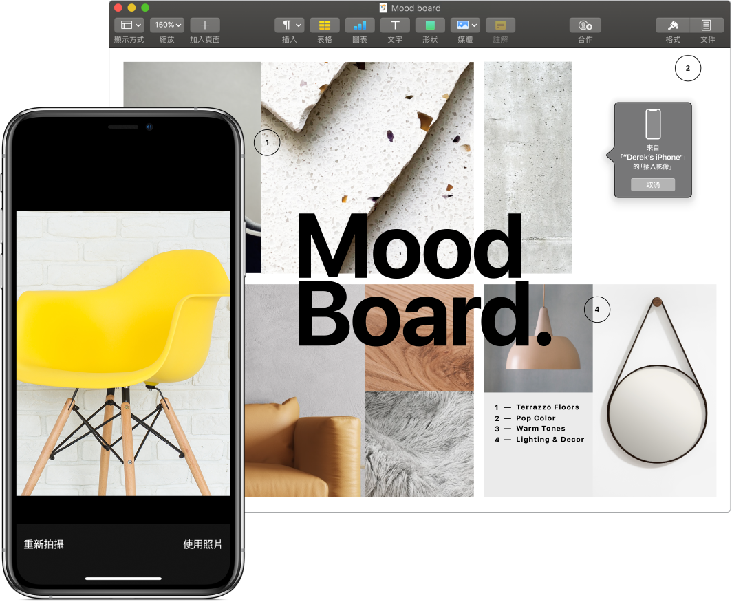 顯示照片的 iPhone，以及顯示 Pages 文件的 Mac，而照片影像將會放置在提示方框中。