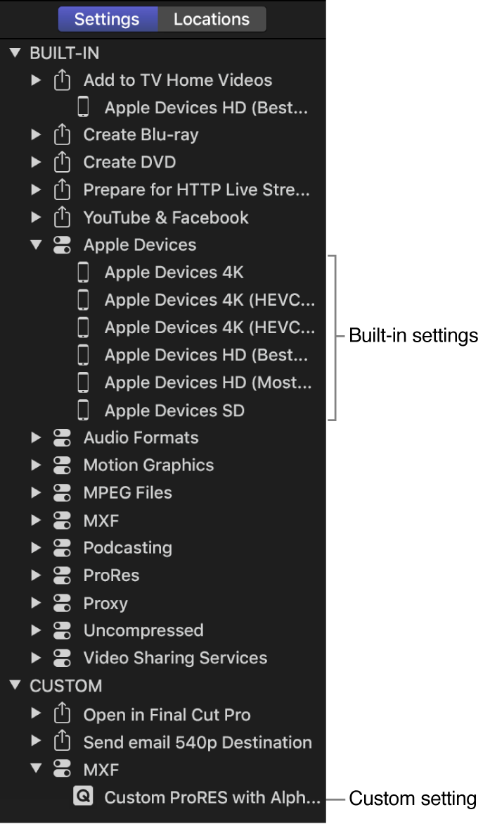 Settings pane showing a collection of built-in and custom settings.