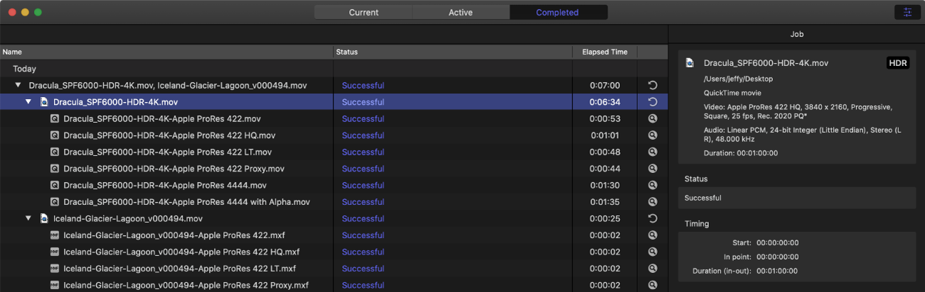 Compressor window showing Completed view with inspector open