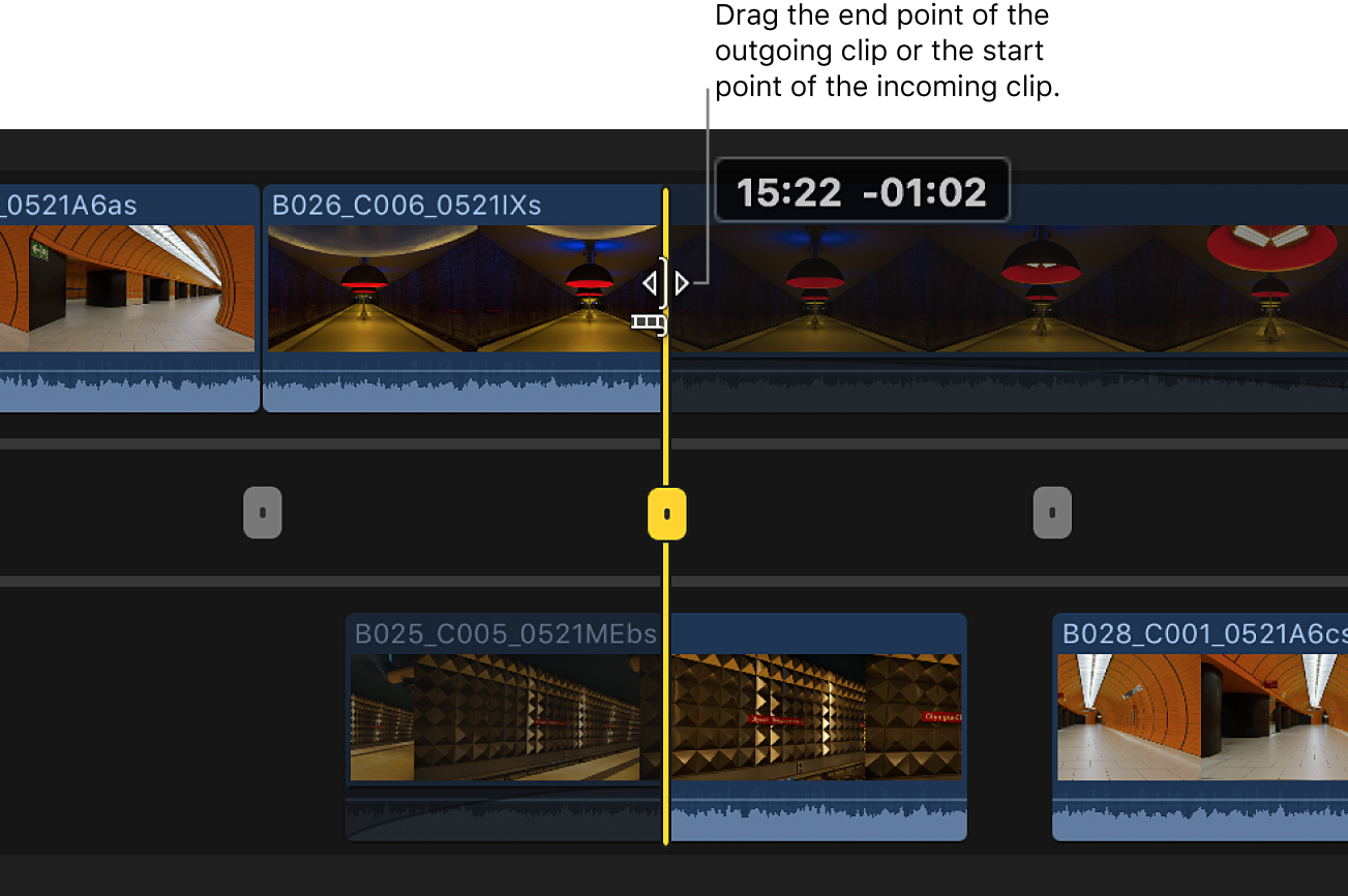 Der Endpunkt des Ausgangsclips wird im Präzisionseditor bewegt