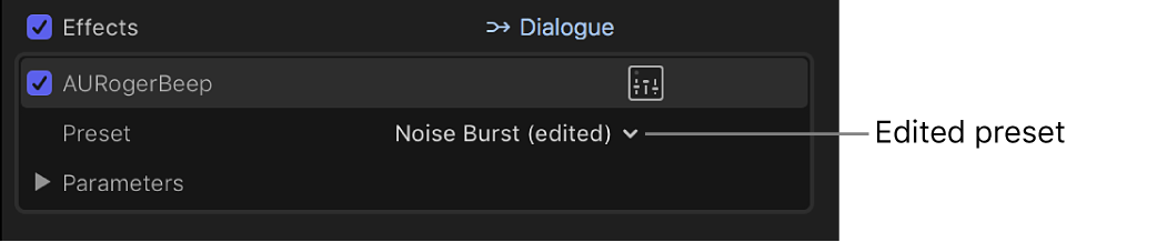 The Effects section of the Audio inspector showing an edited effects preset
