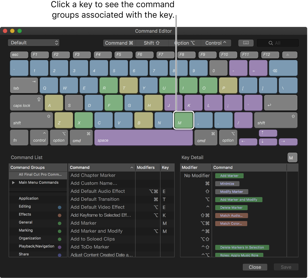 The Command Editor window showing the command groups associated with the selected key