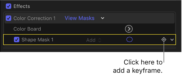 The Video inspector showing the Keyframe button for a shape mask