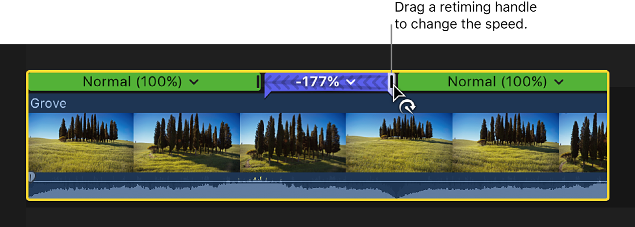 The timeline showing the retiming handle of a rewound section of a clip being dragged to adjust the speed