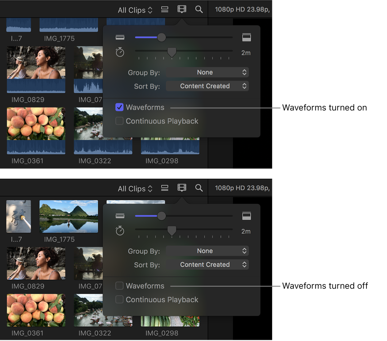 Tiras de fotogramas en el explorador antes y después de desactivar las ondas de audio con la opción Ondas