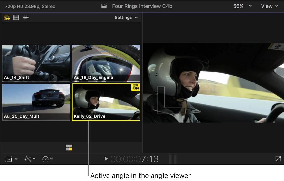 Visualiseur d’angle indiquant l’angle actif d’un plan multicam