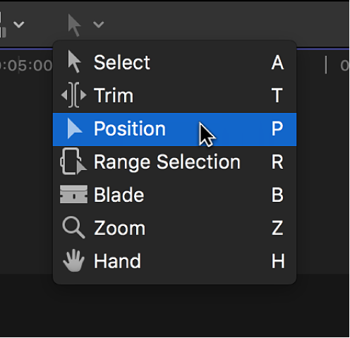 Outil Position dans le menu local Outils