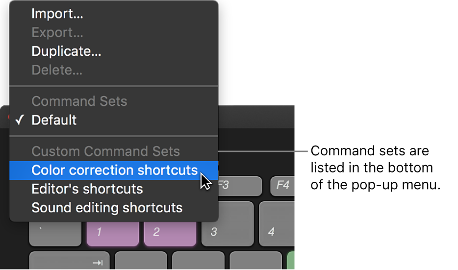 Options de menu permettant de changer d’ensemble de commandes