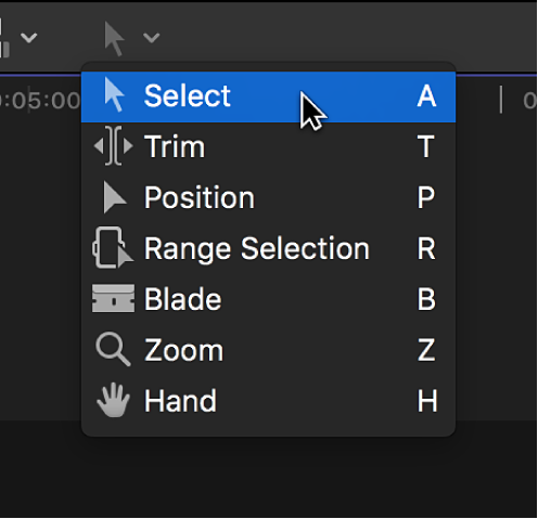 Outil Sélection dans le menu local Outils