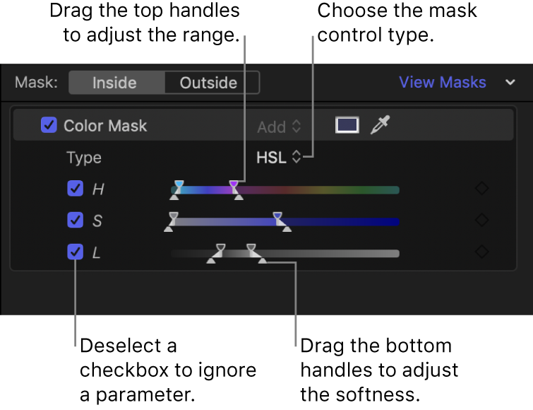 Section Masque de couleur de l’inspecteur avec le menu local Type défini sur TSL et les commandes de paramètre Teinte, Saturation et Luminance en dessous. Chaque paramètre dispose d’une case pour l’activation ou la désactivation du paramètre et de curseurs dotés de poignées en haut et en bas pour l’ajustement du paramètre.