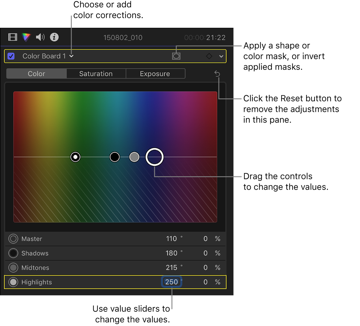 Commandes du réglage couleurs