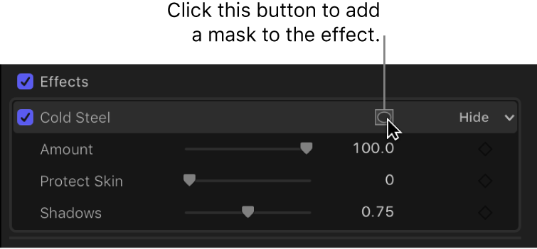 Section Effets de l’inspecteur vidéo avec le bouton Appliquer des masques d’effet