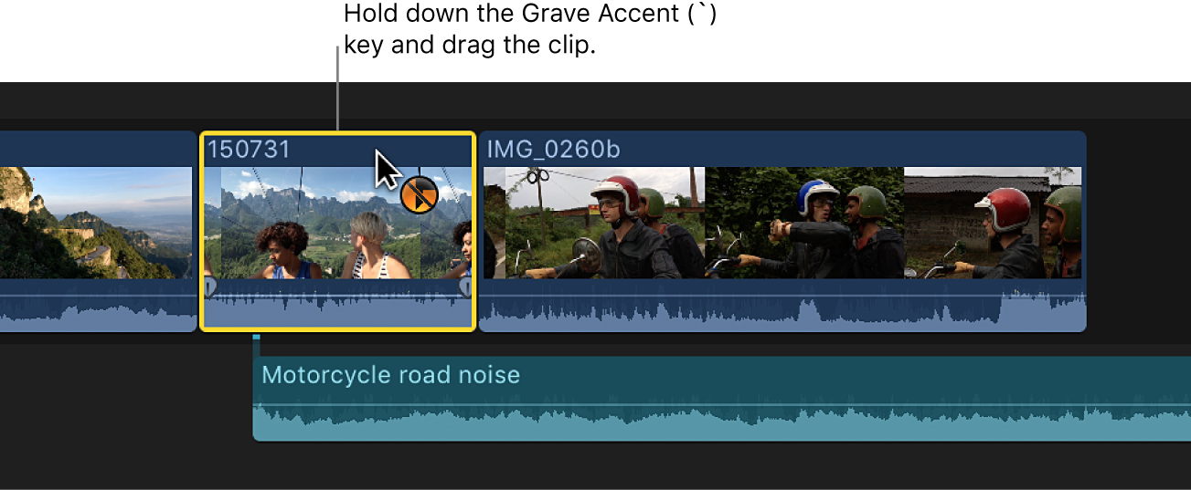 Glissement d’un plan sur la timeline avec la touche Accent grave enfoncée