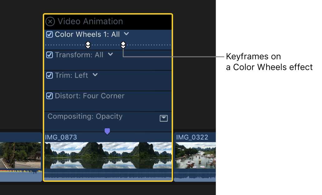 Éditeur d’animation vidéo avec des images clés sur un effet d’étalonnage