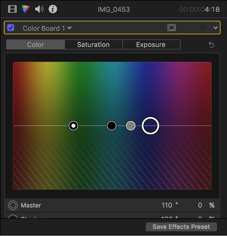 Inspecteur de couleur montrant les commandes reprises dans la fenêtre Couleur du réglage couleurs