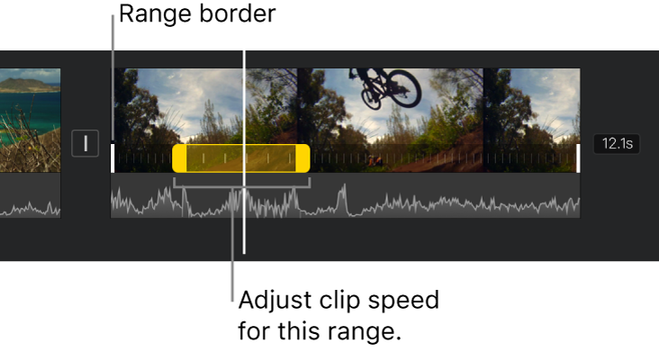 A speed range with yellow range handles in a video clip in the timeline, with white lines in the clip indicating range borders.