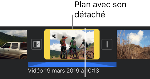 Plan vidéo de la timeline en dessous duquel se trouve un clip audio bleu séparé.