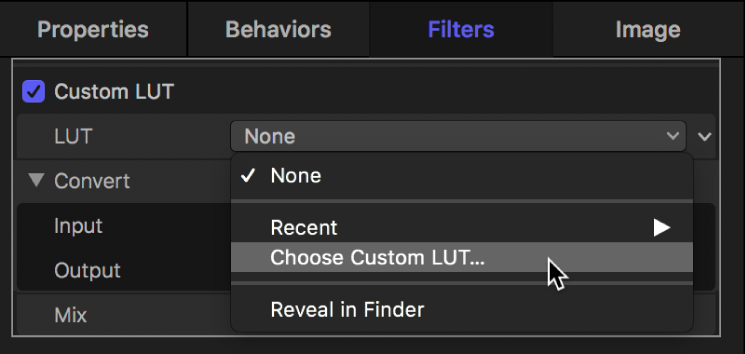 Das Informationsfenster „Filter“ mit der Option „Eigene LUT auswählen“ im Einblendmenü „LUT“