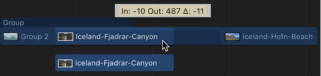 Timeline showing a single object being moved on the group bar