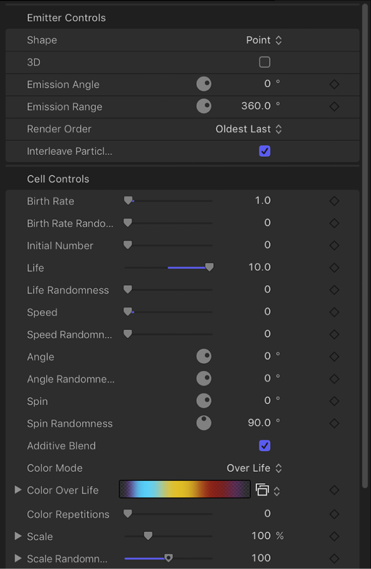 Emitter Inspector showing controls for a single-cell system and controls for a system with more than one cell