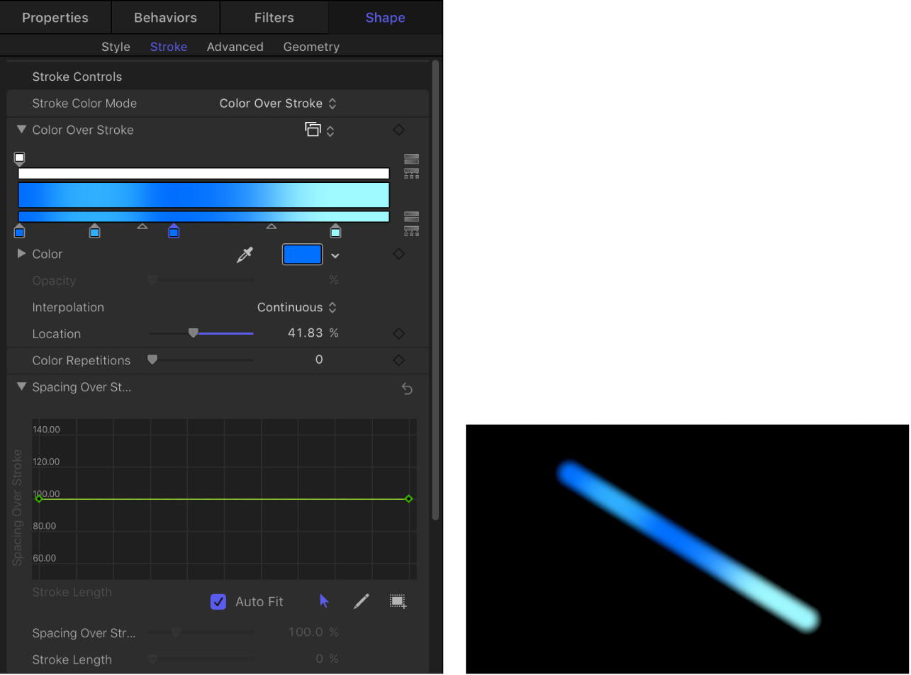 Lienzo y panel Trazo con el minieditor de curva “Espaciado sobre trazo” mostrando el valor 100 % continuo