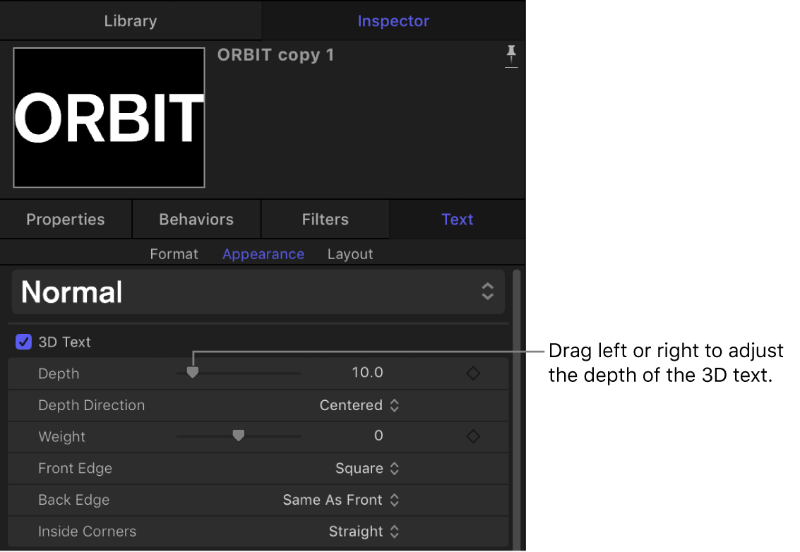 Parámetro “Profundidad del texto 3D” en el panel Apariencia del inspector de texto