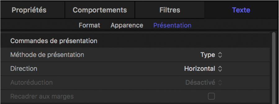 Commandes de présentation dans la fenêtre Présentation de l’inspecteur de texte