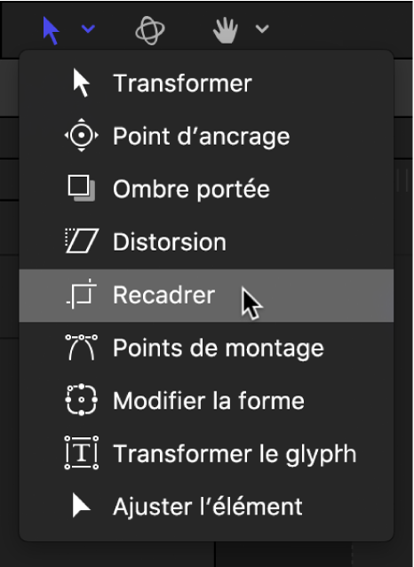 Sélection de l’outil Recadrage dans le menu local des outils de transformation